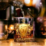 Personalized Golden 3D Badge Funny 67 Design 10 oz Rock Whiskey Glass with Name Old Fashioned Birthday Gift for Man Bartender Whiskey Enthusiast