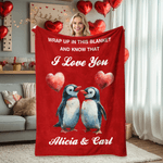Couverture personnalisée I Love You Penguin Heart Soft Throw Blanket avec nom et texte Home Decor Valentine's Day Anniversary Gift for Lover (Cadeau d'anniversaire de la Saint-Valentin pour l'amoureux