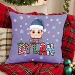 Personalized Santa-Hatted Cartoon Kid Throw Pillow Cover with Name Home Decor Christmas Gift for Family Friends