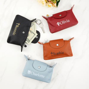 Personalized Cross Portable PU Leather Coin Wallet Cash Pouch with Text and Key Ring Bridal Shower Baptism Birthday Gift for Christians