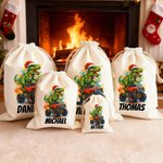 Personalised Santa Hat Dinosaur Lorry Canvas Drawstring Gift Bag with Name Christmas Party Favors for Kids Students