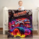 Personalized Monster Neon Truck Soft Throw Blanket with Name Home Decor Birthday Gift for Boys Truck Lovers