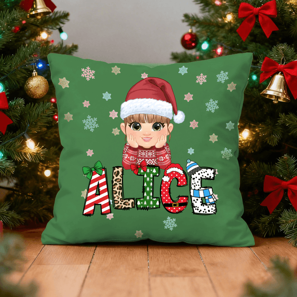 Personalized Santa-Hatted Cartoon Kid Throw Pillow Cover with Name Home Decor Christmas Gift for Family Friends