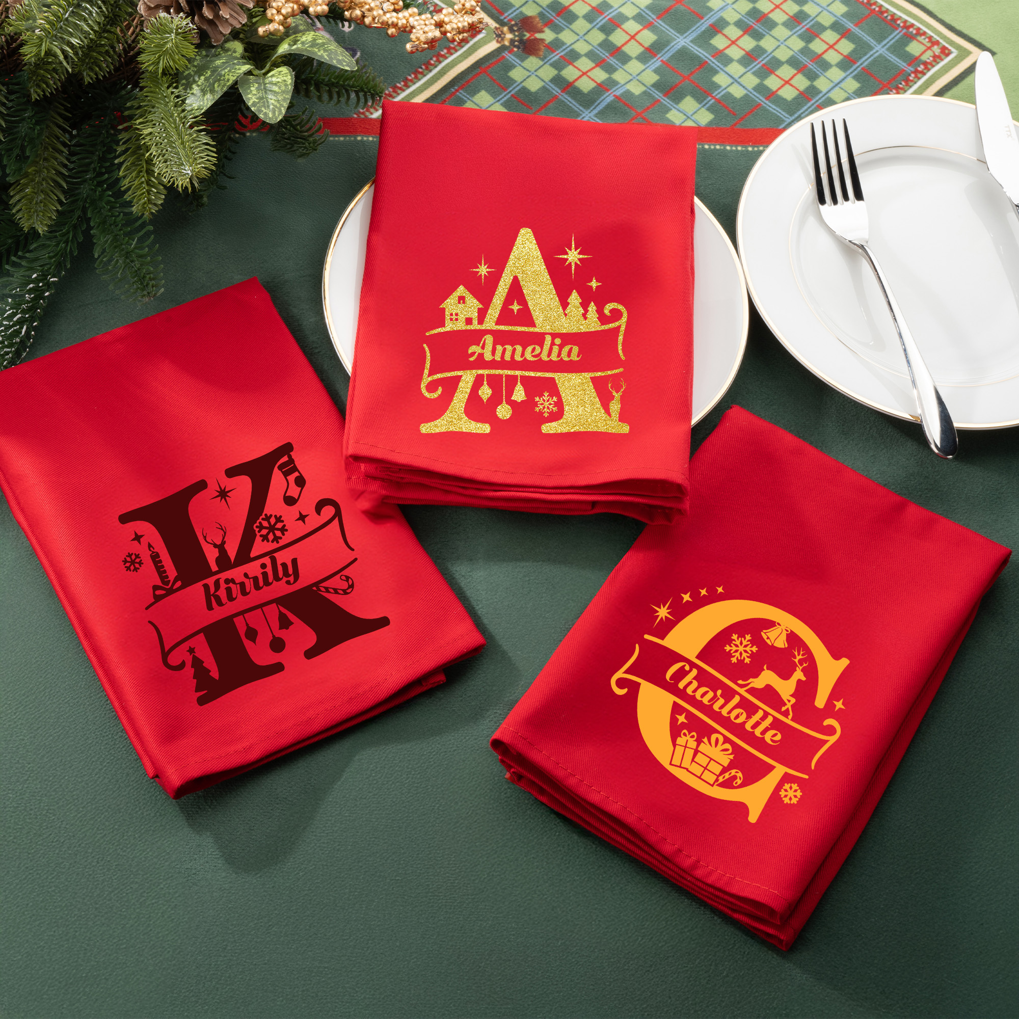 Serviette de table de Noël personnalisée avec nom en coton rouge Cadeau de Noël pour la famille et les amis