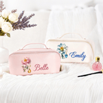 Personalized Birthstone and Flower Wide Opening PU Leather Makeup Bag with Name Travel Essentials Birthday Anniversary Gift for Women