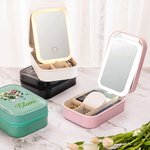 Personalized Retro Gemstone Birth Flower PU Leather Jewelry Box with Name and Adjustable Three-Color LED Mirror Birthday Gift for Women