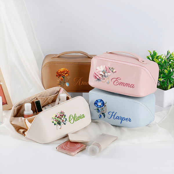 Personalised Birthstone and Flower Wide Opening PU Leather Makeup Bag with Name Travel Essentials Birthday Anniversary Gift for Women