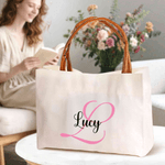 Personalised Initial Name Canvas Tote Bag with PU Leather Handle Birthday Mother's Day Gift for Women Girls