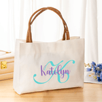 Personalised Initial Name Canvas Tote Bag with PU Leather Handle Birthday Mother's Day Gift for Women Girls