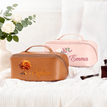 Personalized Birthstone and Flower Wide Opening PU Leather Makeup Bag with Name Travel Essentials Birthday Anniversary Gift for Women