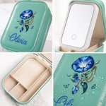 Personalized Retro Gemstone Birth Flower PU Leather Jewelry Box with Name and Adjustable Three-Color LED Mirror Birthday Gift for Women