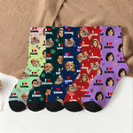 Gepersonaliseerde Multicolor 1-4 Gezichtsfoto's Comfortabele Mid-Calf Sokken met Naam Dagelijks Gebruik Verjaardagscadeau voor Familie Vrienden