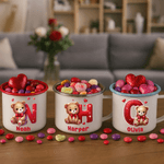 Personalized Cute Romantic Heart Cartoon Bear Initial 12 oz Enamel Mug with Name Home Decor Valentine's Day Birthday Gift for Kids Family