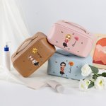 Personalized Birth Flower 3D Cartoon Girl PU Leather Portable Wide Open Makeup Bag with Name Travel Accessories Mother's Day Birthday Gift for Women