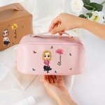 Personalized Birth Flower 3D Cartoon Girl PU Leather Portable Wide Open Makeup Bag with Name Travel Accessories Mother's Day Birthday Gift for Women