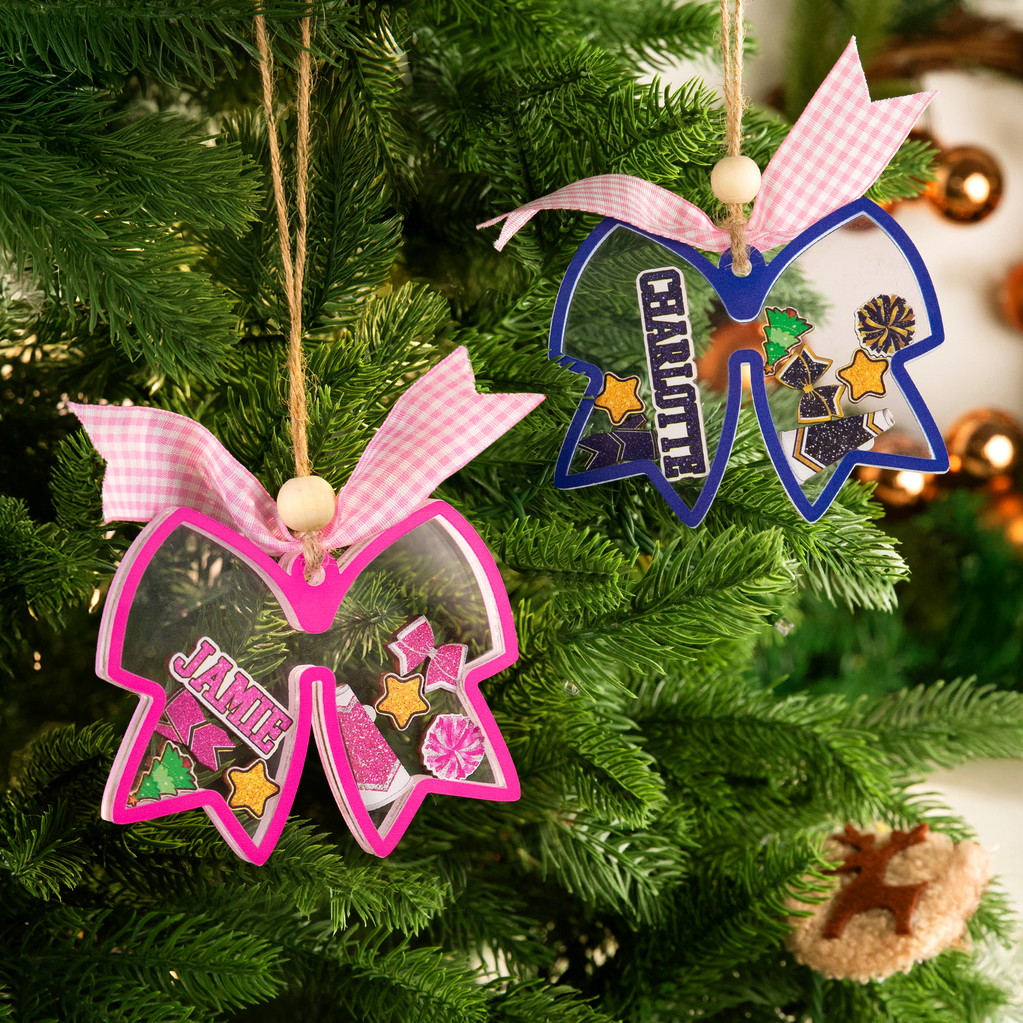 Ornement de Noël personnalisé en forme de noeud avec nom Décoration de l'arbre de Noël Cadeau pour Cheerleaders Entraîneurs