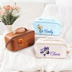 Personalized Birthstone and Flower Wide Opening PU Leather Makeup Bag with Name Travel Essentials Birthday Anniversary Gift for Women