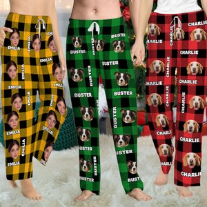 Personalised Plaid Avatar Pet Portrait Long Pyjama Pants with Name and Drawstring Christmas Birthday Gift for Kid Adult Pet Lovers