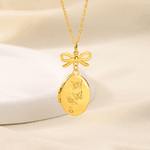 Personalised Vintage Oval Butterfly Photo Necklace with Bow Charm and Engraved Text Memorial Jewellery Birthday Anniversary Gift for  Women