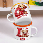Personalized Cute Romantic Heart Cartoon Bear Initial 12 oz Enamel Mug with Name Home Decor Valentine's Day Birthday Gift for Kids Family