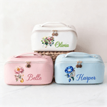 Personalized Birthstone and Flower Wide Opening PU Leather Makeup Bag with Name Travel Essentials Birthday Anniversary Gift for Women