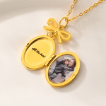 Personalised Vintage Oval Butterfly Photo Necklace with Bow Charm and Engraved Text Memorial Jewellery Birthday Anniversary Gift for  Women