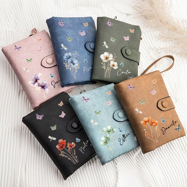 Cartera de cuero PU personalizada con nombre flores y mariposas en acuarela regalo de cumpleaños para mujeres y niñas