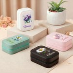 Personalized Retro Gemstone Birth Flower PU Leather Jewelry Box with Name and Adjustable Three-Color LED Mirror Birthday Gift for Women