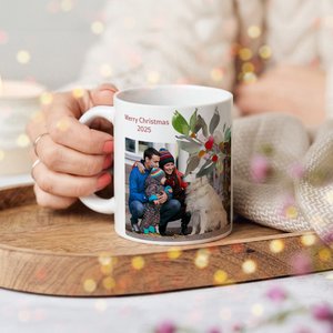 Personalized Christmas Wreath Red Berries 11 oz 15 oz Photo Ceramic Mug with Text Christmas Gift for Friends Family