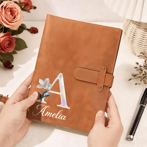 Personalised Birth Flower Initial Name PU Leather A5 Sketchbook Notebook Cover with Storage Pocket Birthday Gift for Artists Painters Students