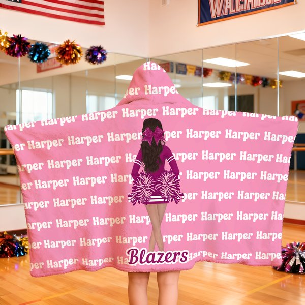 Personalized Cartoon Cheerleading Girl's Back Soft Hooded Blanket with Name and Team Name Game Day Senior Night Team Gift for Cheerleaders