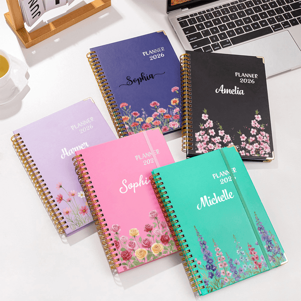Personalised Birth Flower 2026 Planner Spiral A5 Notebook with Name and Weekly Monthly Planner Pages Birthday Gift for Family Friends