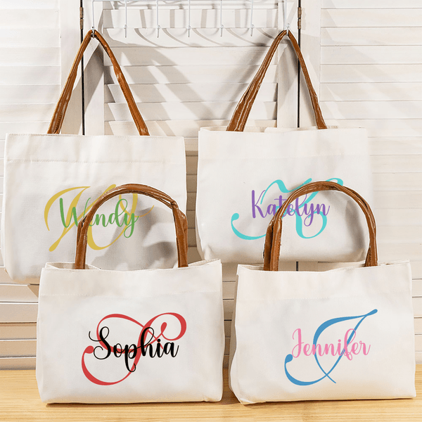 Personalised Initial Name Canvas Tote Bag with PU Leather Handle Birthday Mother's Day Gift for Women Girls