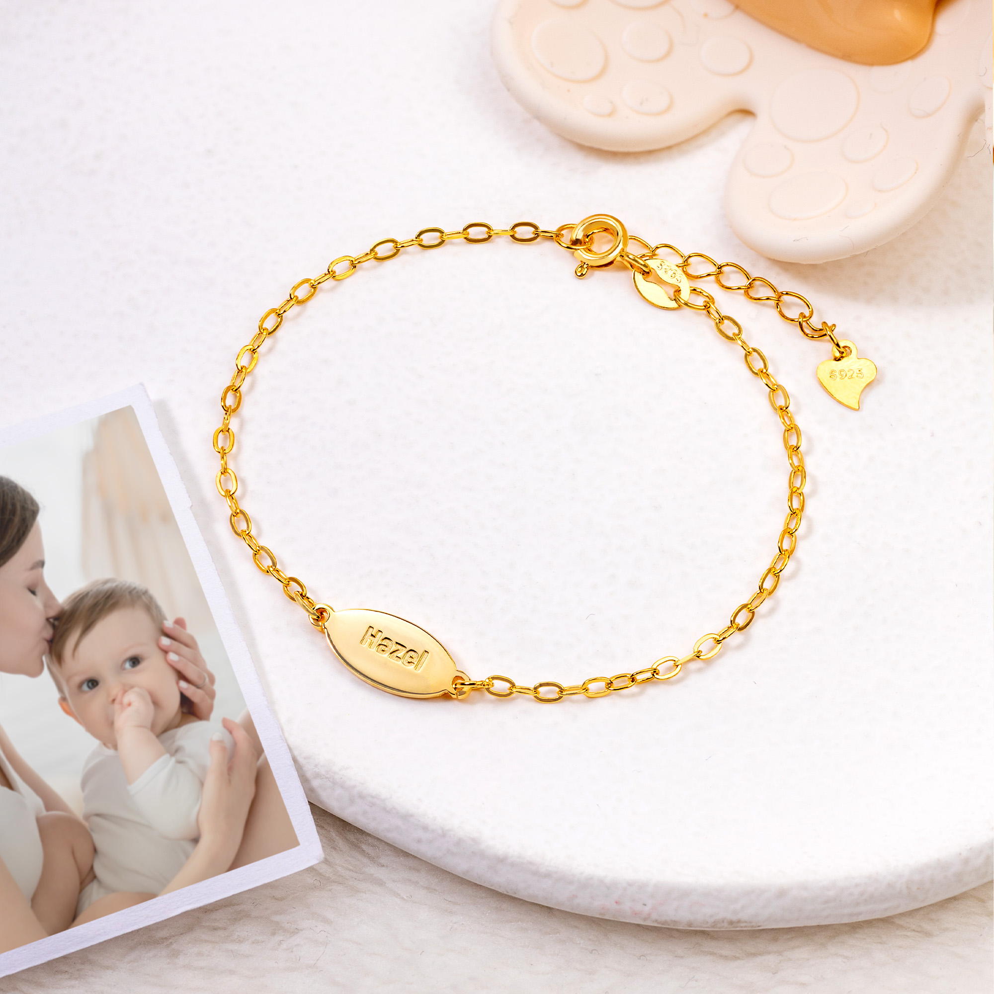 Bracelet en Argent Sterling Personnalisé avec Nom et Fleur de Naissance Gravés Cadeau d'Anniversaire pour Bébé Nouveau-né