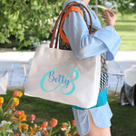 Personalised Initial Name Canvas Tote Bag with PU Leather Handle Birthday Mother's Day Gift for Women Girls