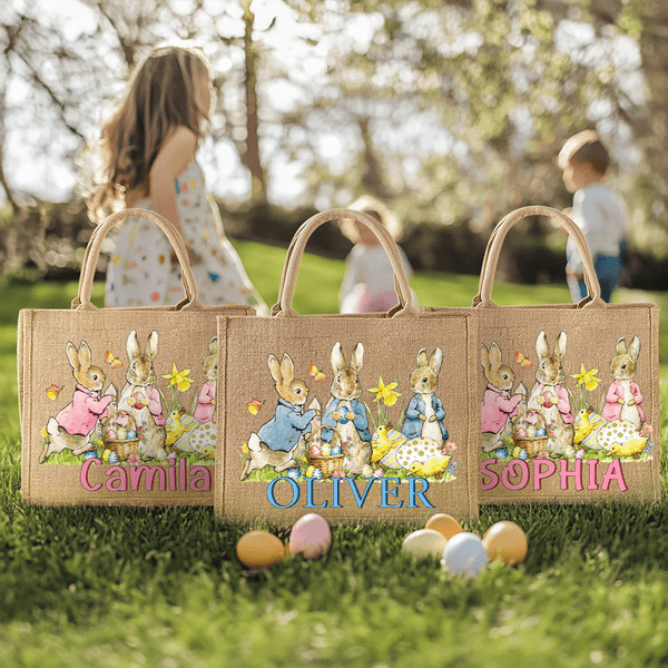 Personalisierte Ostern Peter Rabbit Large-Capacity Jute Tote Tasche mit Namen Ostern Geschenk für Jungen Mädchen Kinder