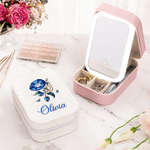 Personalized Retro Gemstone Birth Flower PU Leather Jewelry Box with Name and Adjustable Three-Color LED Mirror Birthday Gift for Women