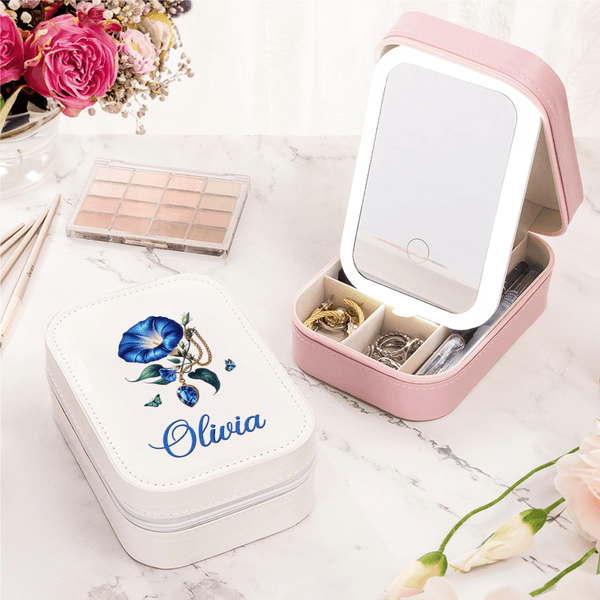 Personalized Retro Gemstone Birth Flower PU Leather Jewelry Box with Name and Adjustable Three-Color LED Mirror Birthday Gift for Women