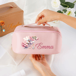 Personalized Birthstone and Flower Wide Opening PU Leather Makeup Bag with Name Travel Essentials Birthday Anniversary Gift for Women