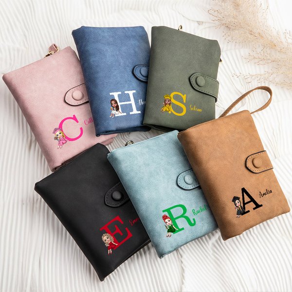 Gepersonaliseerde Cartoon Afstuderen Karakter Tri-Fold PU lederen polsbandje portemonnee met initiaal en naam Travel accessoires afstuderen Gift voor vrouwen
