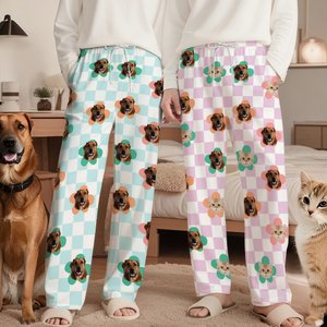 Personalized Multicolor Plaid 1-4 Pet Face Photos Women Men Pajama Pants Party Birthday Gift for Pet Owners Lovers