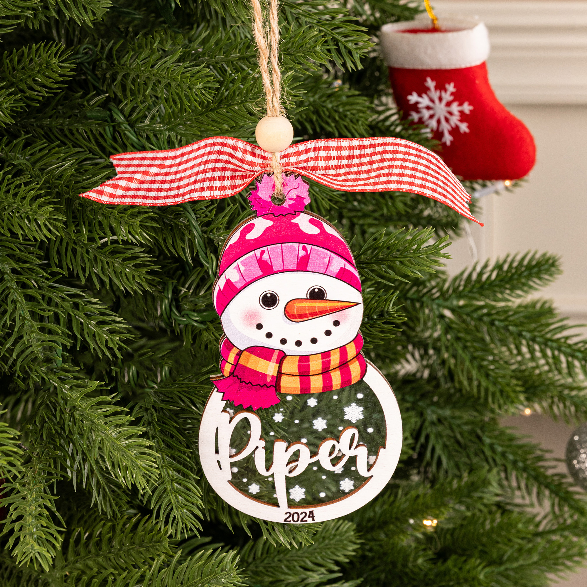 Bonhomme de Neige Personnalisé Nom Flocon de Neige Ornement en bois avec Année et Ruban Mignon Décoration de l'arbre de Noël Cadeau de Festival pour la Famille Enfants