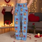 Personalized Photo Kiss Heart Long Pajama Pants with Name and Drawstring Christmas Birthday Gift for Kid Women Men Pet Lovers