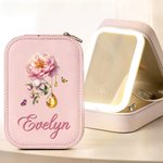 Personalized Retro Gemstone Birth Flower PU Leather Jewelry Box with Name and Adjustable Three-Color LED Mirror Birthday Gift for Women