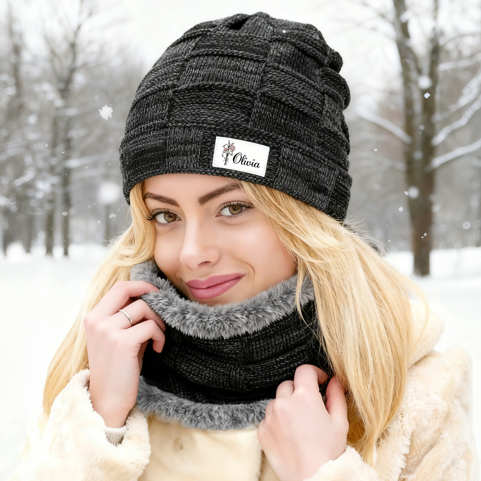 Ensemble bonnet et cache-cou personnalisé avec nom Accessoire d'activité de plein air Cadeau d'anniversaire et de Noël pour la famille et les amis