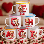 Personalized Cute Romantic Heart Cartoon Bear Initial 12 oz Enamel Mug with Name Home Decor Valentine's Day Birthday Gift for Kids Family