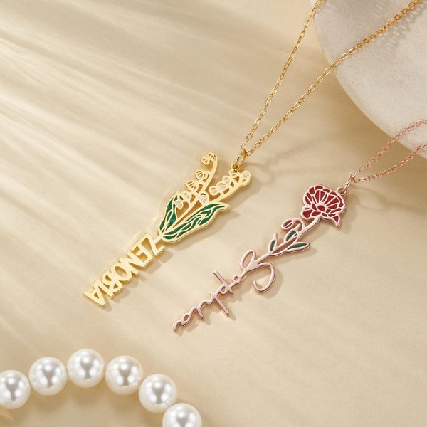Personalised Birth Flower Dainty Floral Necklace with Name Birthday Anniversary Wedding Gift for Women Girls