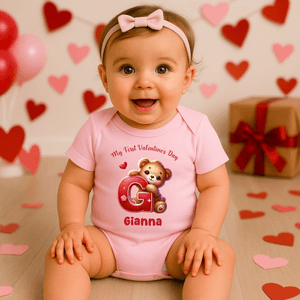 Personalised Heart Bear Initial 100% Cotton Baby Bodysuit Kid T-shirt with Name and Text Birthday Valentine's Day Gift for Baby Boys Girls