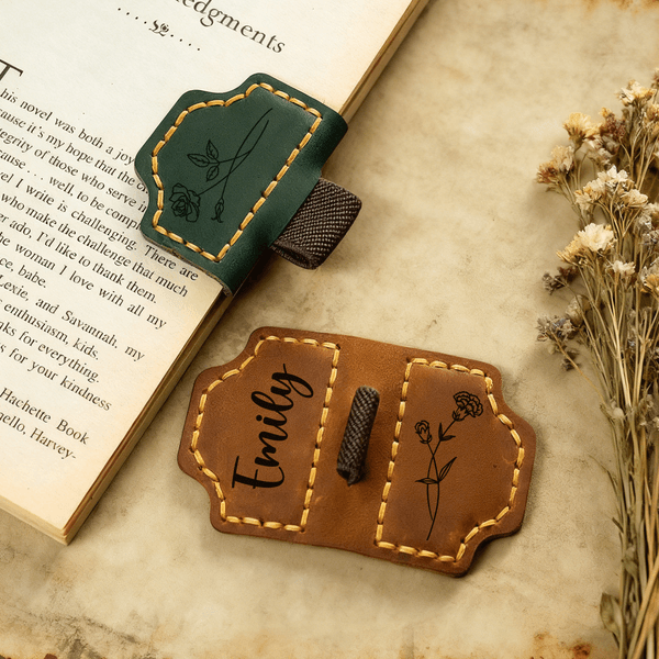 Personalised Engraved Birth Flower Leather Bookmark Clip with Name and Pen Holder Daily Use Office Birthday Gift for Family Friend Bookworm