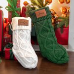 Personalized Rustic Leather Patch Knitted Christmas Stocking with Name Fireplace Holiday Party Decor Festival Gift for Family Kids